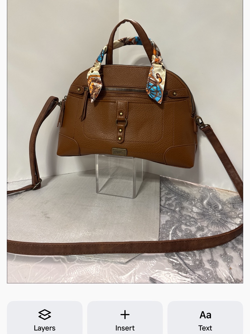 White Mountain Brown Crossbody Satchel with printed scarf - Picture 2 of 8
